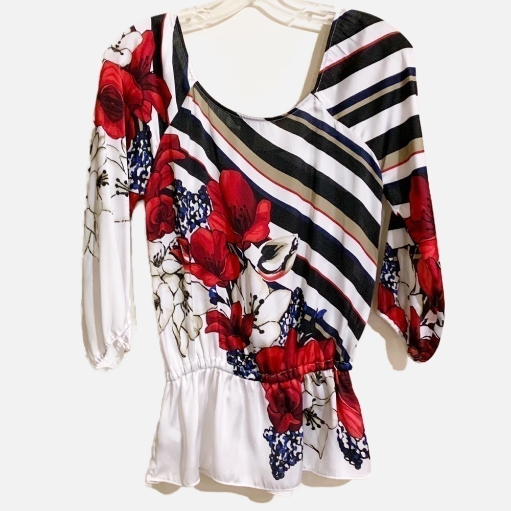 White House Black Market Chiffon Silky Satiny Dressy Floral Blouse. Size XXS - Picture 2 of 6